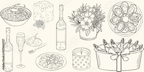 Elegant still life sketch of festive food and drink elements for celebrations