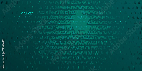 Digital matrix code pattern with abstract green geometric shapes and subtle human silhouettes in the background