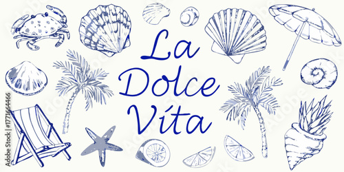 La dolce vita summer beach scene with seashells palm trees and crab