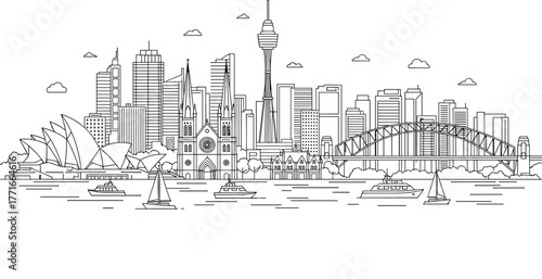 Sydney skyline illustration, iconic landmarks, opera house, harbour bridge, Sydney tower, cathedral, sailboats, coastal cityscape, line drawing, black and white architecture