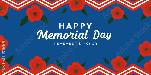 Happy memorial day remember and honor with red poppies and american flag border