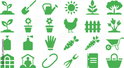 Gardening and Agriculture Silhouette Icon Set – Watering Can, Greenhouse, Seedling, Sprout, Farmer, Pollination, Fertilizer, Grow Your Own Food, Vector Icons