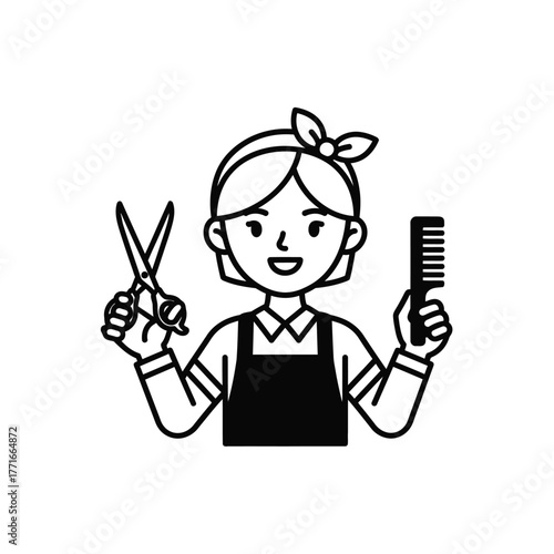 Hairdresser Icon Woman with Scissors and Comb, Hair Salon Vector