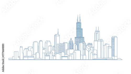 Chicago Cityscape Silhouette: A stylized, minimalistic representation of the iconic Chicago skyline, with intricate architectural details, set against the backdrop of an clear sky.