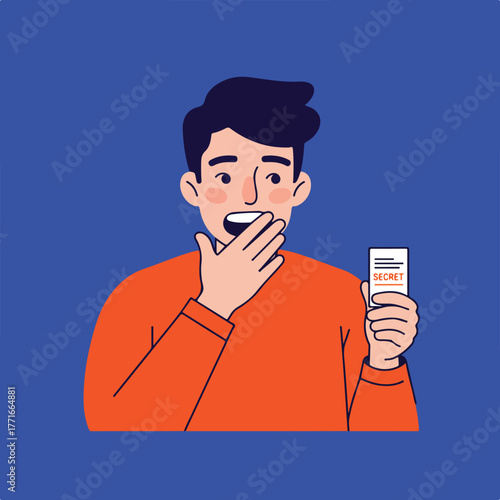 Cartoon man in orange shirt holds "secret" card, hand over mouth, shocked expression against a blue backdrop