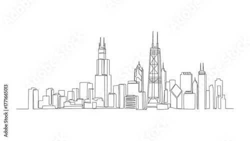Chicago City Skyline Silhouette: A minimalist, elegant line drawing showcases Chicago's iconic skyline, highlighting the city's architectural grandeur and urban design.