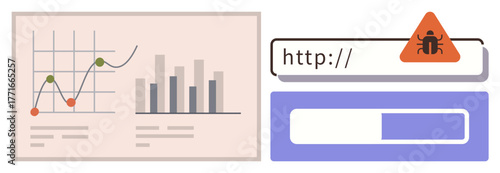 Line and bar graphs showing statistical data on left warning icon with bug above search bar on right. Ideal for data monitoring, website security, cybersecurity, analytics, malware detection, digital