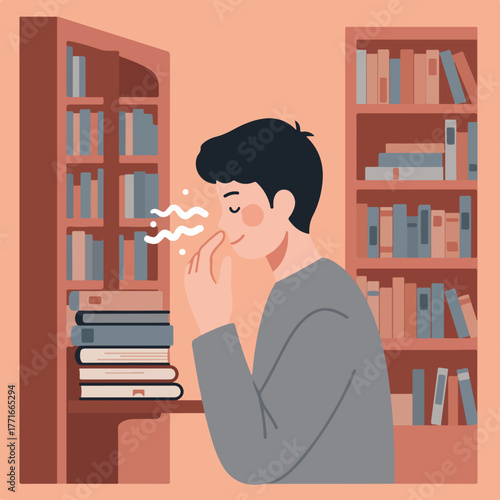 A person sniffs a book near a stack on a shelf and two full bookshelves