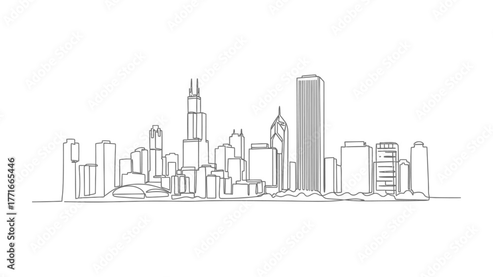 Naklejka premium City Skyline: A captivating minimalist line drawing presents a dynamic urban landscape, showcasing the sleek silhouettes of modern architectural marvels. This illustration speaks of human ambition.