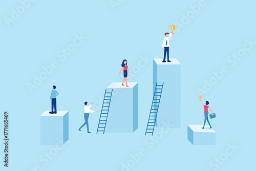 Business people climbing ladders to reach success and win a trophy on a podium