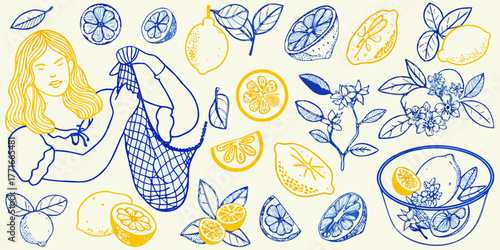 Woman holding a shopping bag filled with lemons and surrounded by lemon slices whole lemons and lemon blossoms in a charming hand drawn style