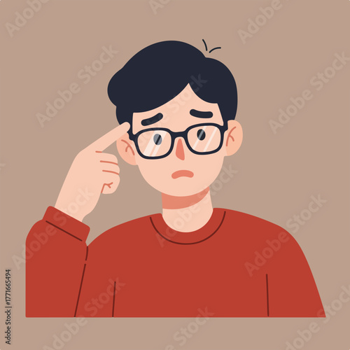 A person with glasses is pointing at their temple with a worried expression on a neutral background