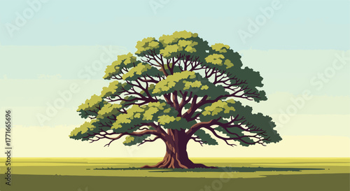 A large tree on grassy ground, blue sky background, minimalist art style