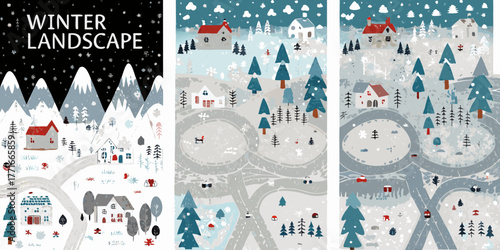 Charming winter village landscape with snow covered mountains and snowy trees