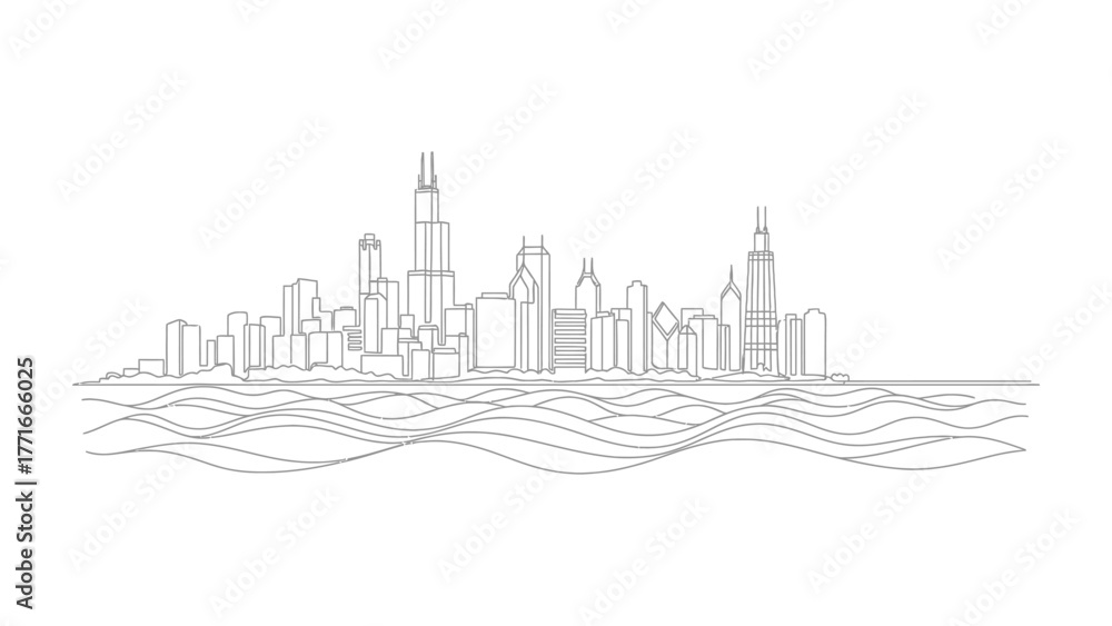 Fototapeta premium Cityscape Silhouette: A minimalist line drawing captures the essence of a modern urban skyline. The artwork showcases the impressive architecture, reflecting the dynamic spirit of city life. 