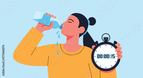 Person drinking water with timer showing