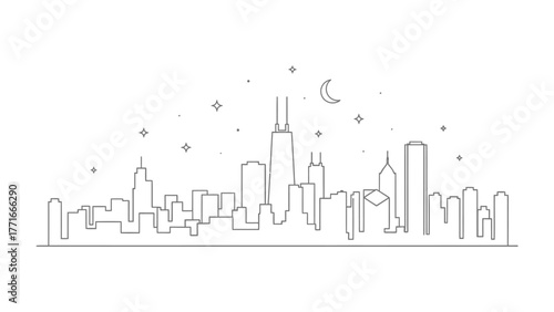 City Skyline Illustration: A minimalist line illustration of a city skyline under a starry night sky, capturing the urban landscape's essence with simple elegance.