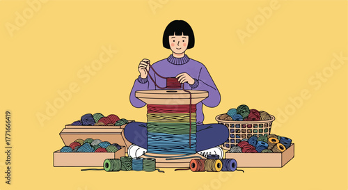 Person sitting, winding yarn, surrounded by yarn in various containers on yellow background