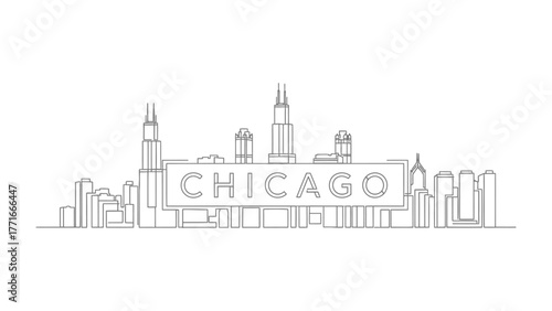 Chicago Skyline Outline: A minimalist line drawing captures the essence of the iconic Chicago skyline, with its recognizable buildings and architectural landmarks.