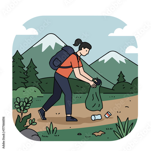 A person picking up trash in a scenic landscape with mountains, trees, and cloudy sky