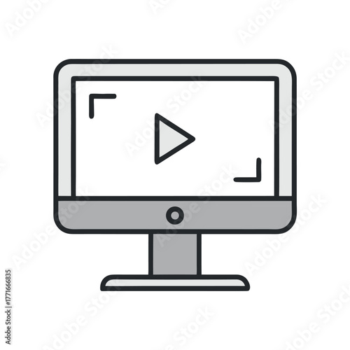 Desktop Computer Video Player Icon, Minimal Monitor with Play Button, Vector Outline on White Background