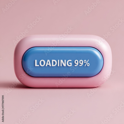 3D loading bar at 99% on a soft pink background.