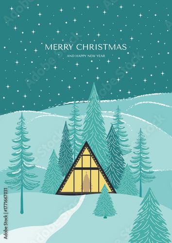 Happy holidays Christmas card with a-frame and coniferous forest around. Winter evening landscape with forest, hills and a house. Vector template for posters, flyers