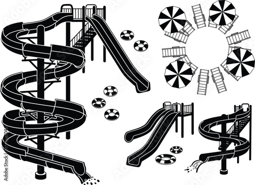 Water park elements, spiral slide, straight slide, pool floats, umbrella layout, lounge chairs, black and white,  