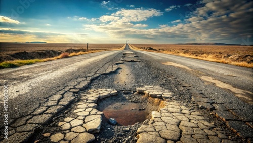 A desolate, sun-drenched road stretches towards a distant horizon, its cracked asphalt surface revealing a network of deep potholes and fissures, a testament to time and neglect.