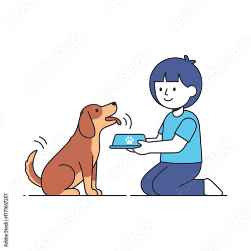 Dog Feeding, Boy Giving Food to Pet, Cartoon Illustration