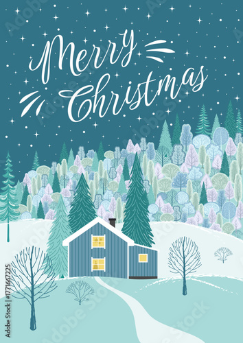Christmas card with a rustic house and a winter forest. Abstract illustration of trees, firs, bushes, and a frosty winter evening. Vector template for posters, flyers