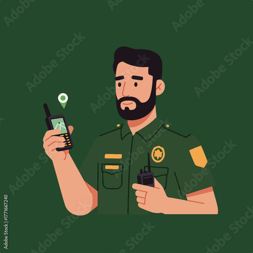 An illustrated man in uniform holding two-way radios and monitoring a device with GPS location