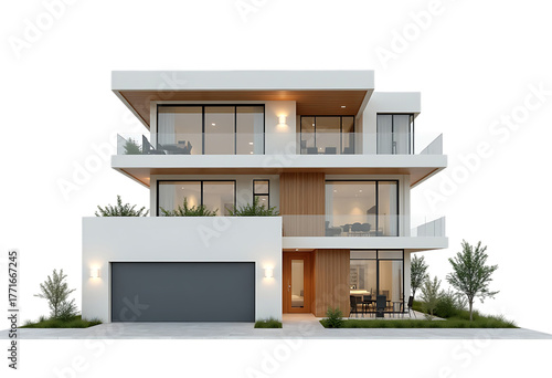 Modern luxury house exterior with large windows and garage