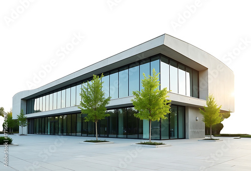 Modern architectural building with large glass windows and trees