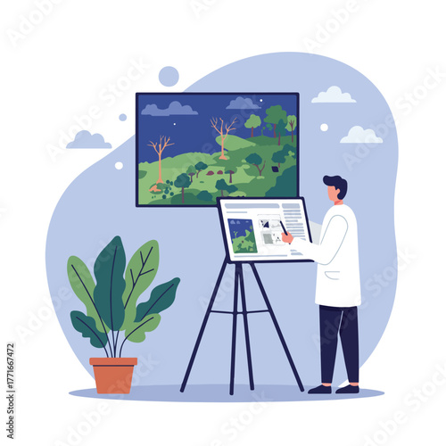 A person sketches a landscape painting while studying a similar reference image. A plant sits nearby