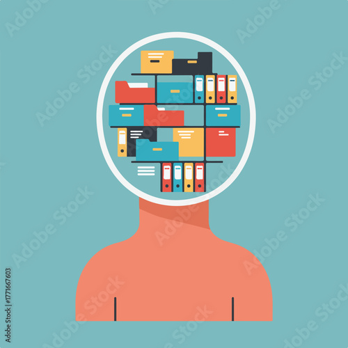 An illustrated depiction of a person with the brain replaced by shelves of files and folders