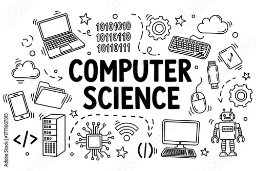 Computer science symbols and icons: technology, coding, innovation, digital, connection