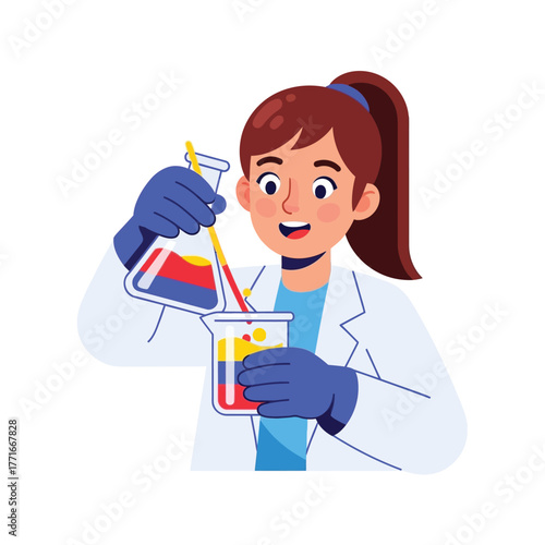 Scientist Experiment, Chemistry Lab, Woman Researcher Cartoon
