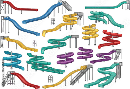 Water slides, amusement park, spiral slide, straight slide, colorful design, summer fun, recreation, playground, entertainment, aqua park, slide variety, 
