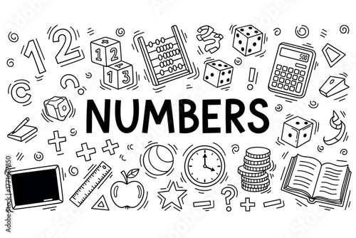 Playful math doodles with numbers and educational symbols