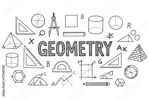 Black and white geometry sketch with shapes, tools, and symbols
