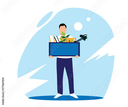 Fired or Hired Business Man with a Box of Belongings. White collar office workers concept vector art