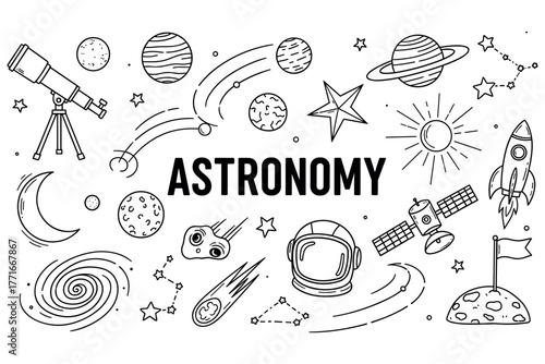 Astronomy outline: space icons with telescope, planets, and stars in black and white