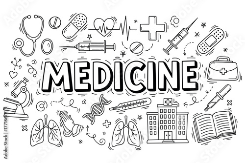 Medical tools and symbols illustration with dna and hospital building
