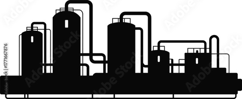 Black and white silhouette of industrial factory plant, modern chemical refinery with storage tanks, pipelines, and processing system illustration