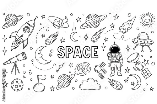 Black and white space doodles with astronaut, planets, and stars