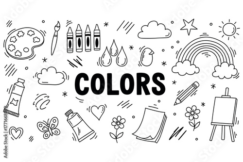 Coloring fun: art supplies and creative doodles in black and white illustration