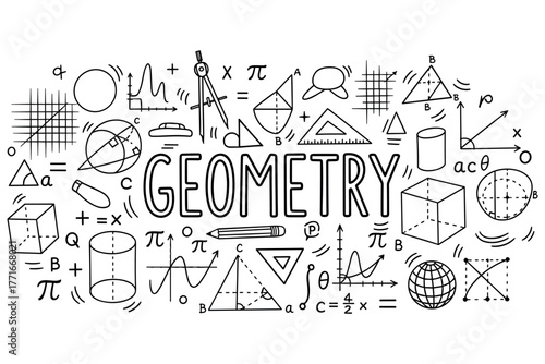 Creative geometry doodles with mathematical symbols and shapes