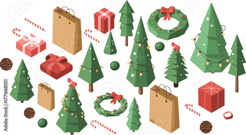 Isometric 3D Christmas holiday illustration with decorated trees, gift boxes, wreaths, pine cones, candy canes, festive celebration, seasonal elements