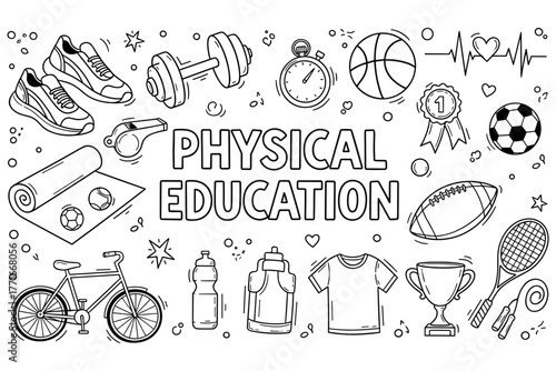 Physical education equipment and symbols in black and white doodle style